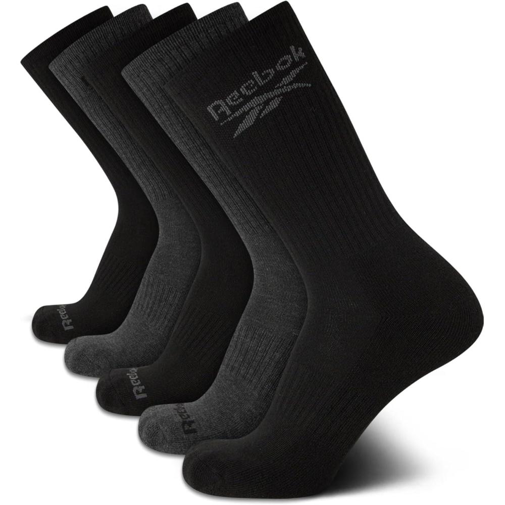 imageReebok Mens Athletic Crew Socks  5 Pack Moisture Wicking Cushioned Athletic Socks for Men with Reinforced Seams 6125BlackGrey Logo