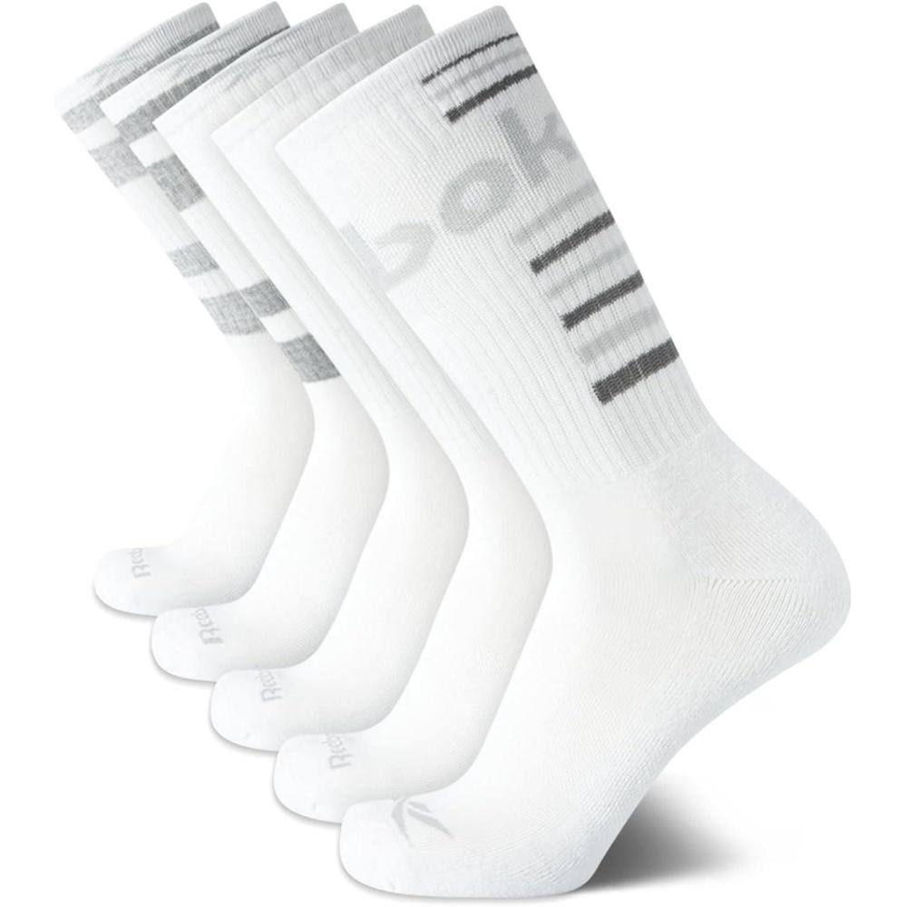 imageReebok Mens Athletic Crew Socks  5 Pack Moisture Wicking Cushioned Athletic Socks for Men with Reinforced Seams 6125Bright White