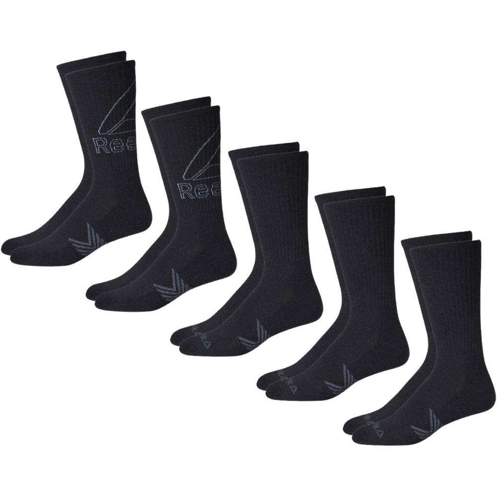 imageReebok Mens Athletic Crew Socks  5 Pack Moisture Wicking Cushioned Athletic Socks for Men with Reinforced Seams 6125Grey Logo