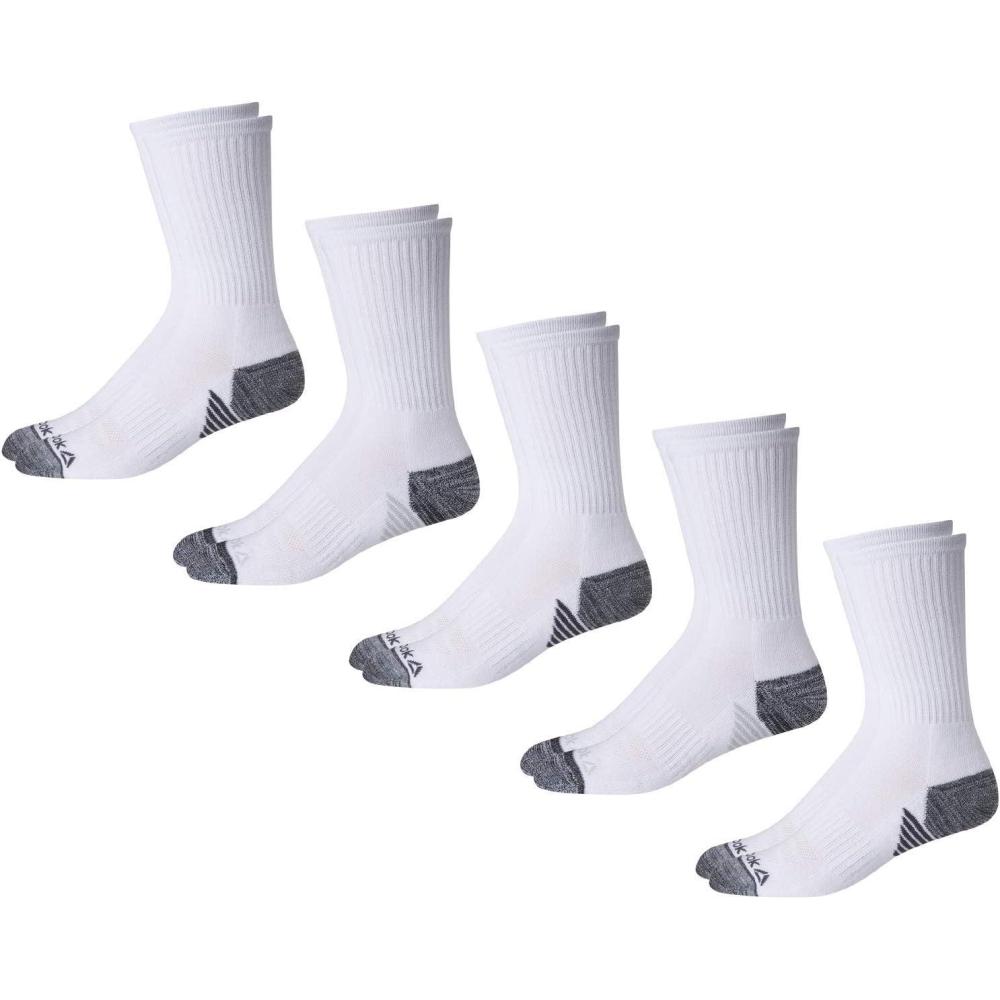 imageReebok Mens Athletic Crew Socks  5 Pack Moisture Wicking Cushioned Athletic Socks for Men with Reinforced Seams 6125Pure White