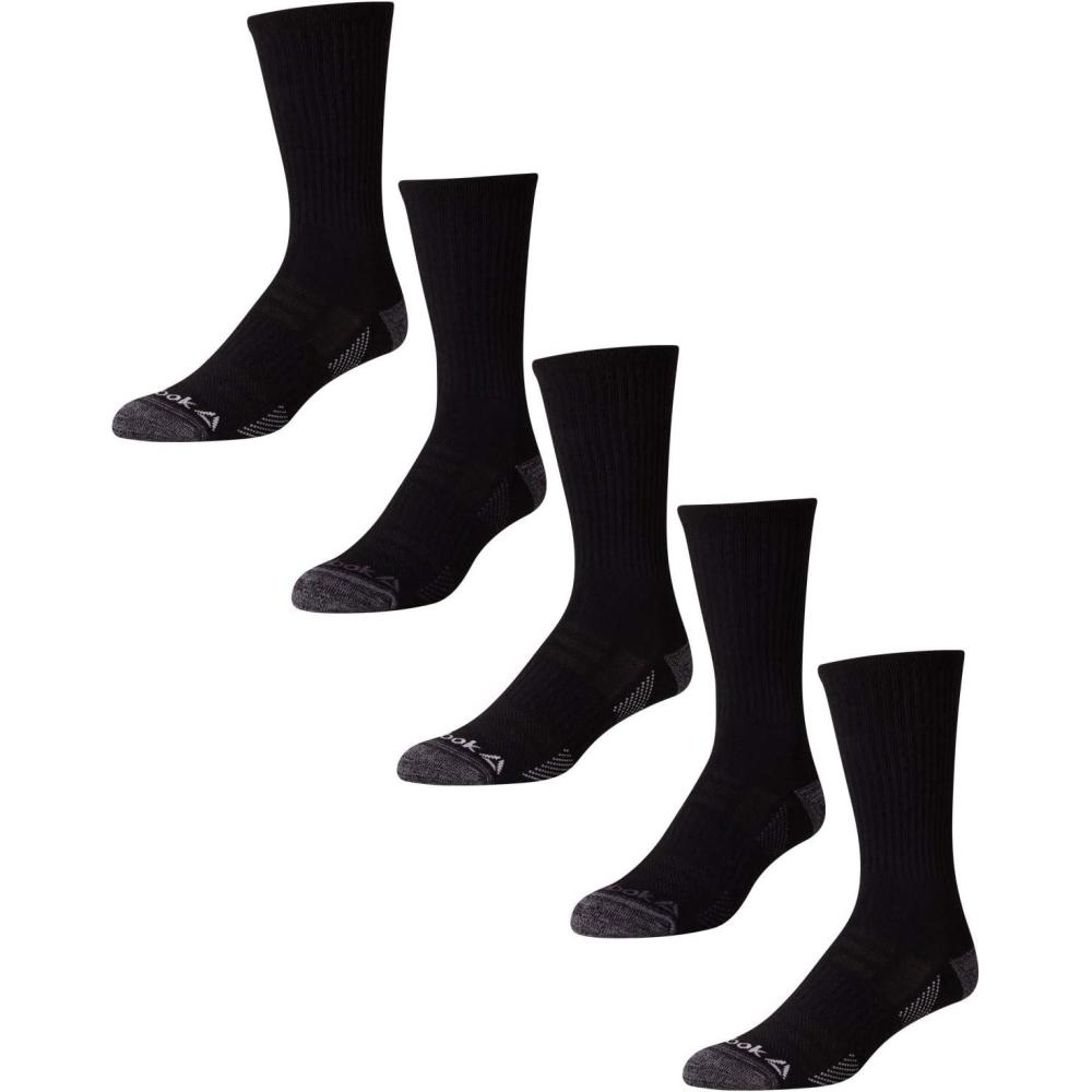 imageReebok Mens Athletic Crew Socks  5 Pack Moisture Wicking Cushioned Athletic Socks for Men with Reinforced Seams 6125Raven Black
