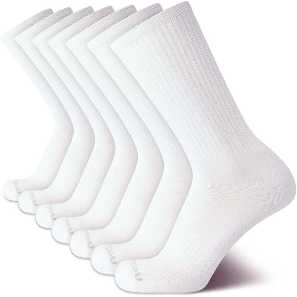 imageReebok Mens Athletic Crew Socks  5 Pack Moisture Wicking Cushioned Athletic Socks for Men with Reinforced Seams 6125White 7pk