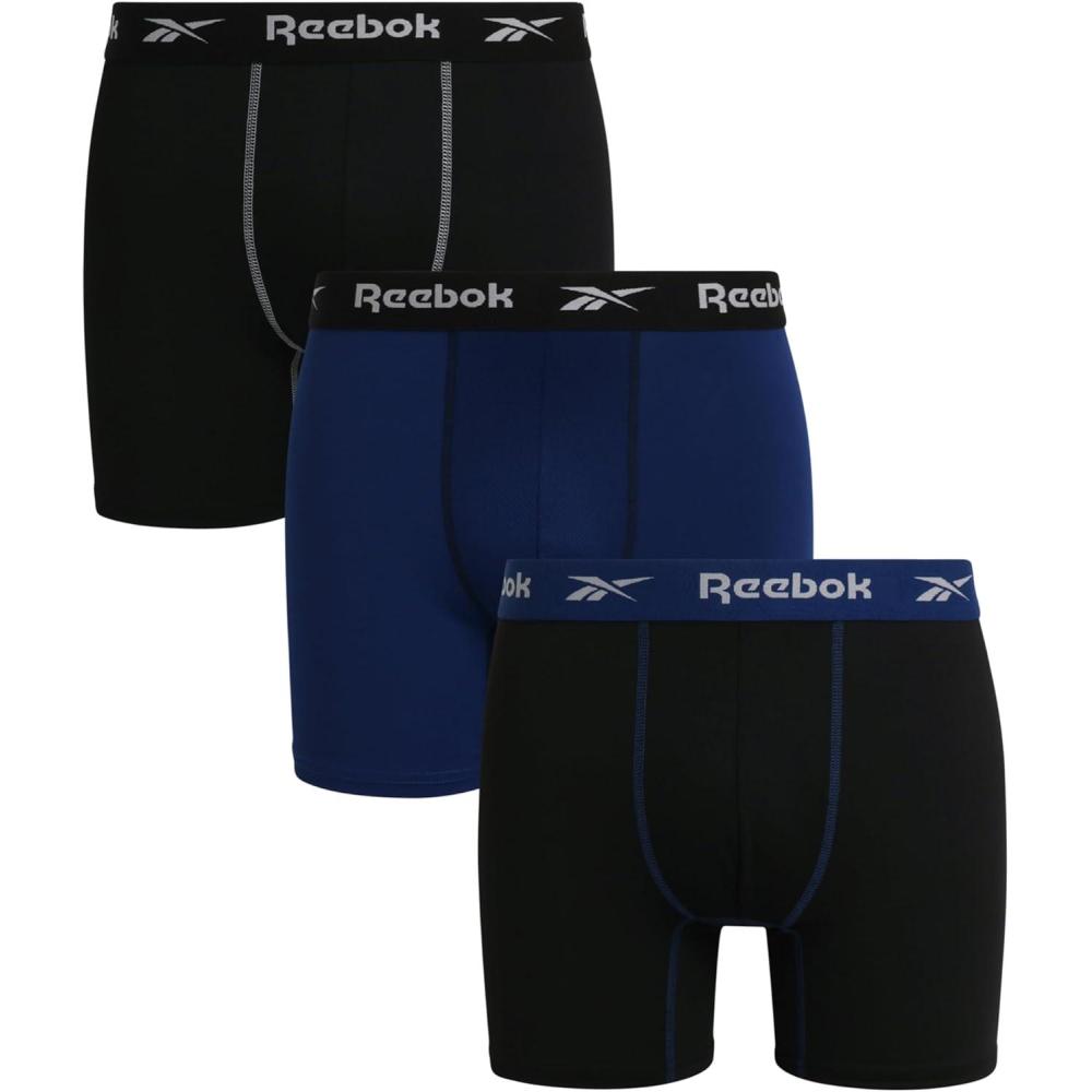 imageReebok Mens Boxer Briefs  3 Pack Stretch Moisture Wicking Mens Underwear with Contour Pouch Boxers for Men Sizes SXLBlackBlackBlue Depths