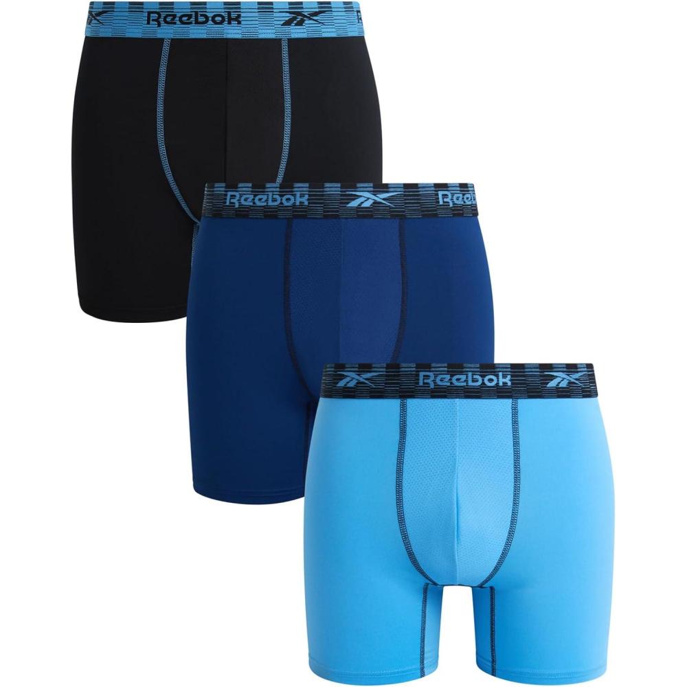 imageReebok Mens Boxer Briefs  3 Pack Stretch Moisture Wicking Mens Underwear with Contour Pouch Boxers for Men Sizes SXLBlueAzure Blue Black