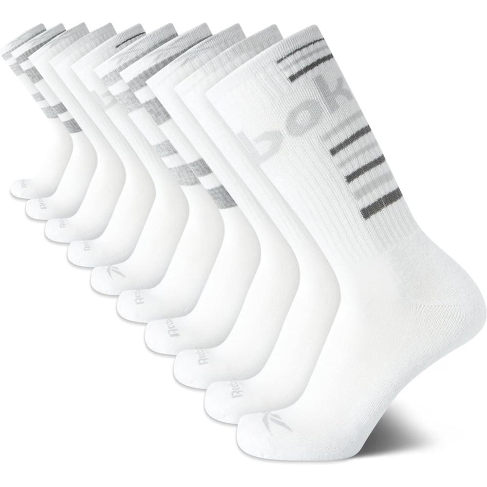 imageReebok Mens Crew Socks  10 Pack Stretch Performance Cushioned Crew Socks  Arch Support Athletic Socks for Men 6125Bright White