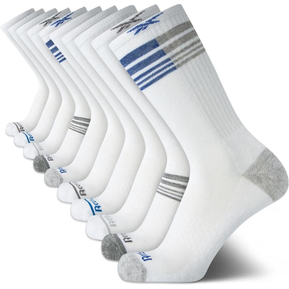 imageReebok Mens Crew Socks  10 Pack Stretch Performance Cushioned Crew Socks  Arch Support Athletic Socks for Men 6125Cool White