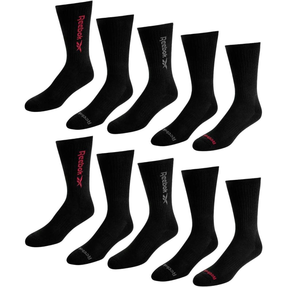 imageReebok Mens Crew Socks  10 Pack Stretch Performance Cushioned Crew Socks  Arch Support Athletic Socks for Men 6125Oil Black