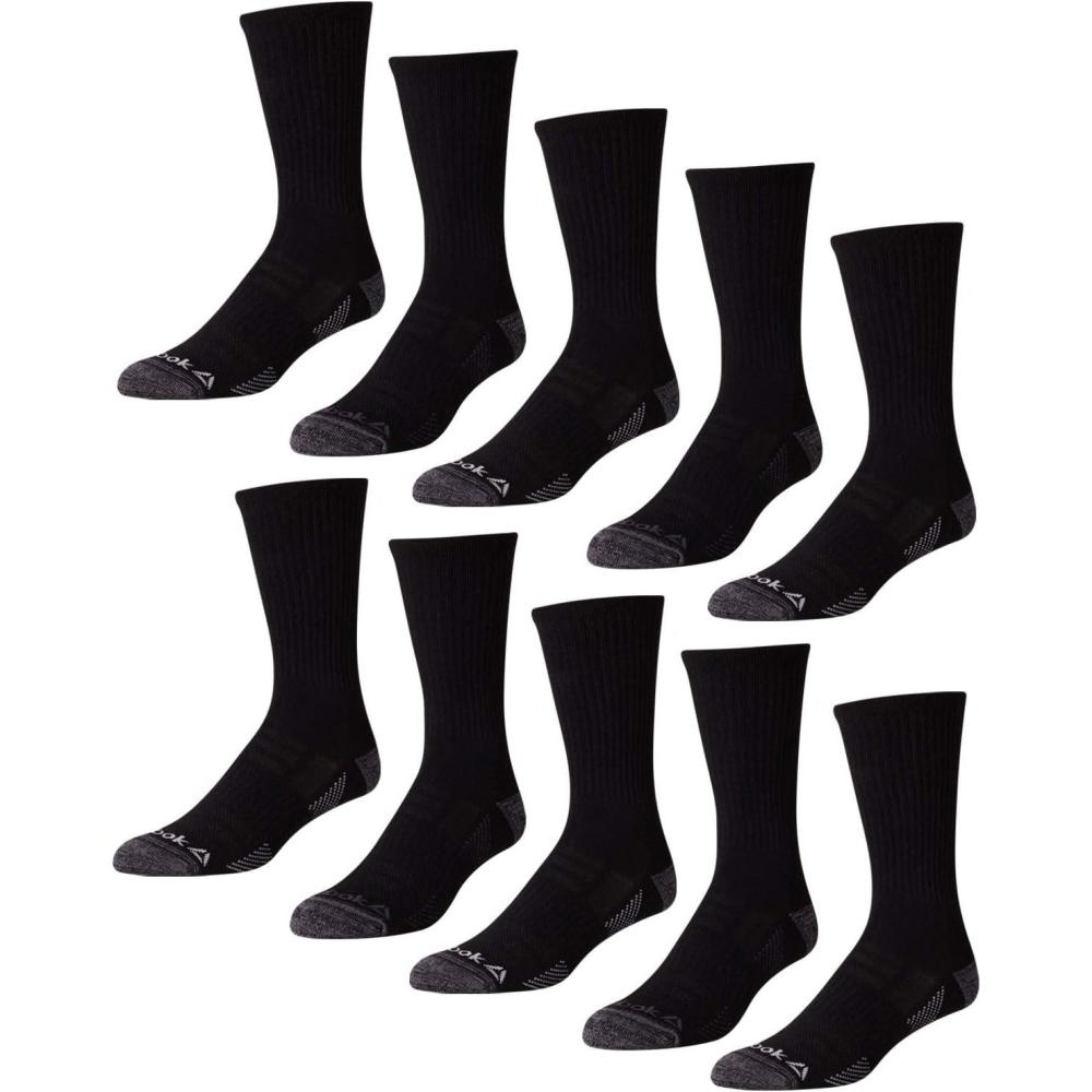 imageReebok Mens Crew Socks  10 Pack Stretch Performance Cushioned Crew Socks  Arch Support Athletic Socks for Men 6125Raven Black