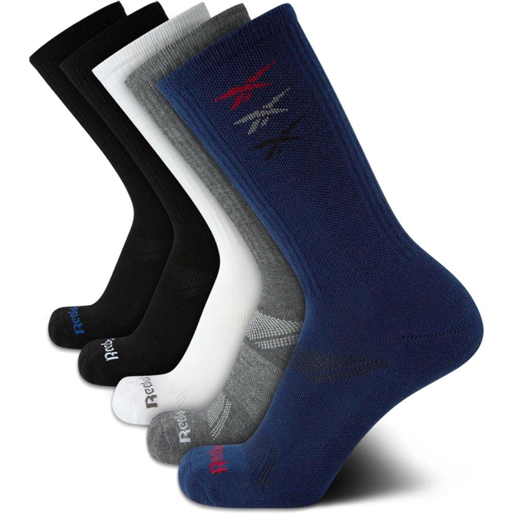 imageReebok Mens Crew Socks  5 Pack Breathable Cushioned MoistureWicking Athletic Performance Running Socks for Men 6125Assorted