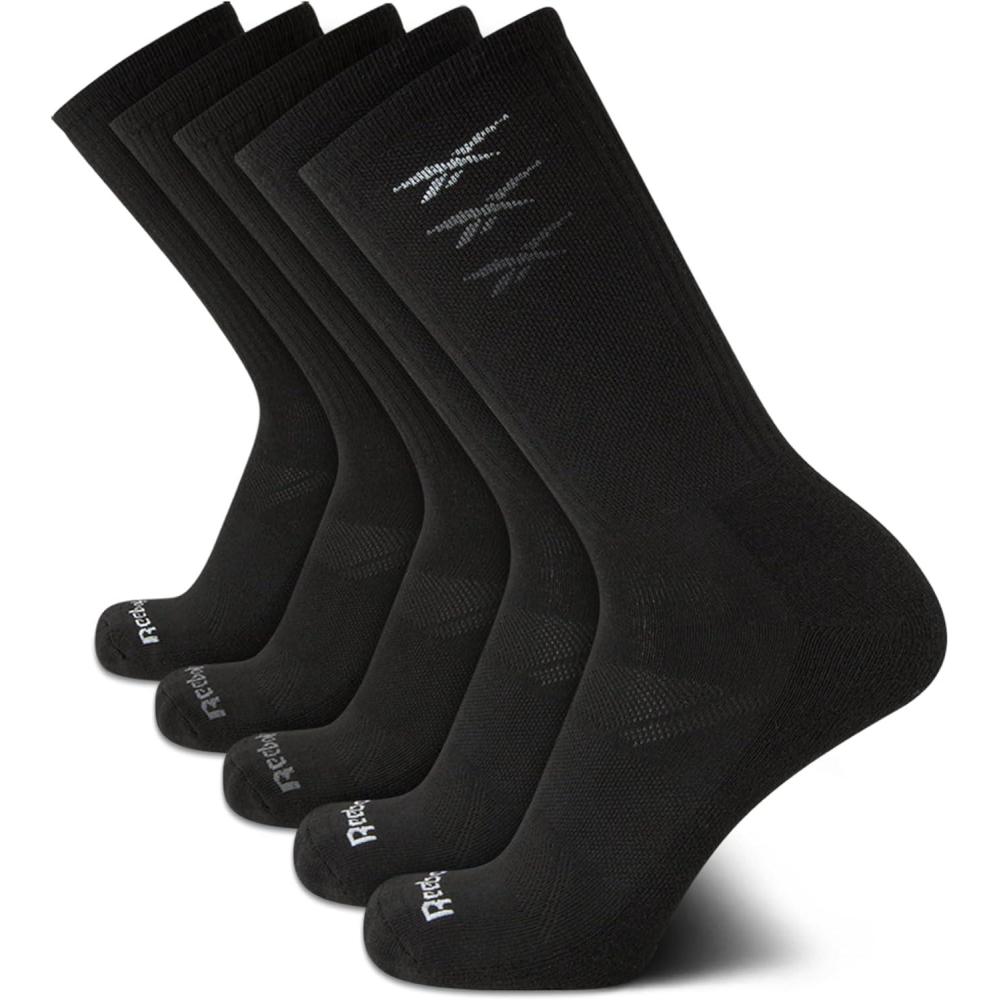 imageReebok Mens Crew Socks  5 Pack Breathable Cushioned MoistureWicking Athletic Performance Running Socks for Men 6125Black