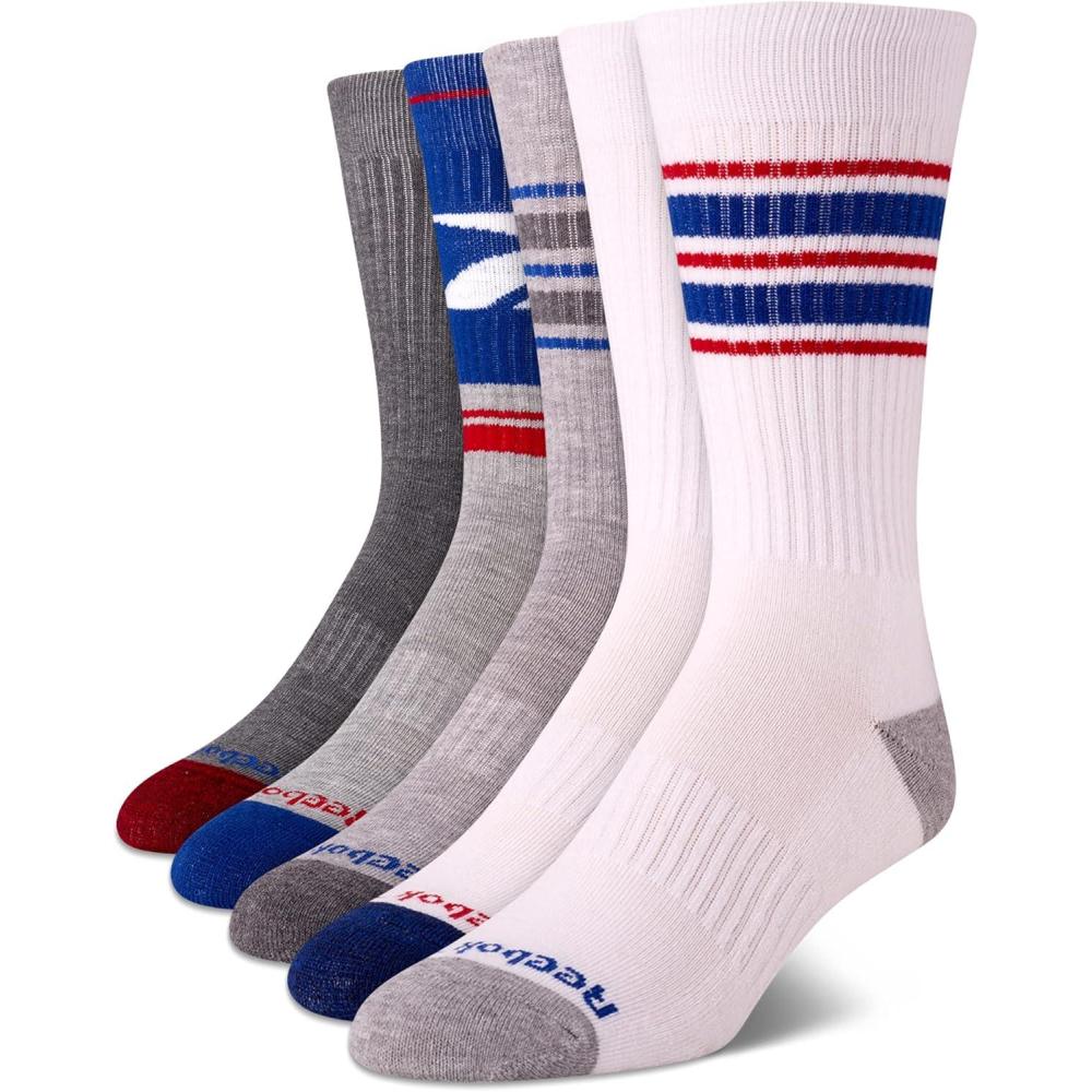 imageReebok Mens Crew Socks  5 Pack Breathable Cushioned MoistureWicking Athletic Performance Running Socks for Men 6125BlueWhite