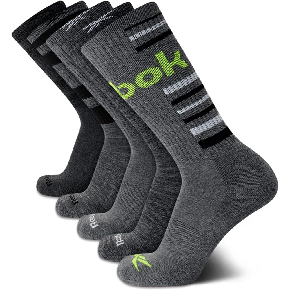 imageReebok Mens Crew Socks  5 Pack Breathable Cushioned MoistureWicking Athletic Performance Running Socks for Men 6125Grey Assorted