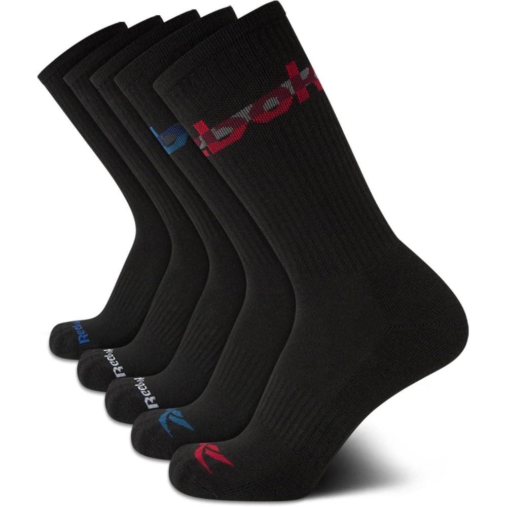 imageReebok Mens Crew Socks  5 Pack Breathable Cushioned MoistureWicking Athletic Performance Running Socks for Men 6125Pure Black