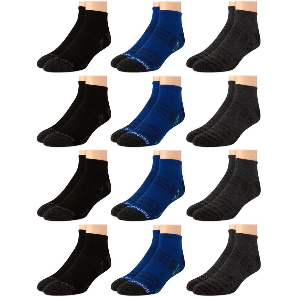 imageReebok Mens Quarter Socks  12 Pack Performance Comfort Athletic Socks  Breathable Ankle Socks for Men 6125NavyAssorted