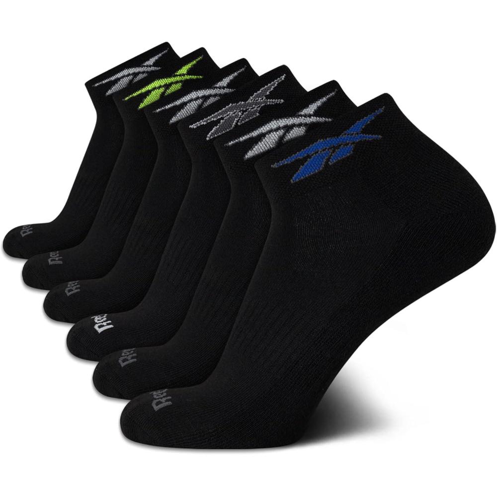 imageReebok Mens Quarter Socks  6 Pack Moisture Wicking Performance Stretch Athletic Ankle Socks for Men Sizes 6125Black Logo Multi