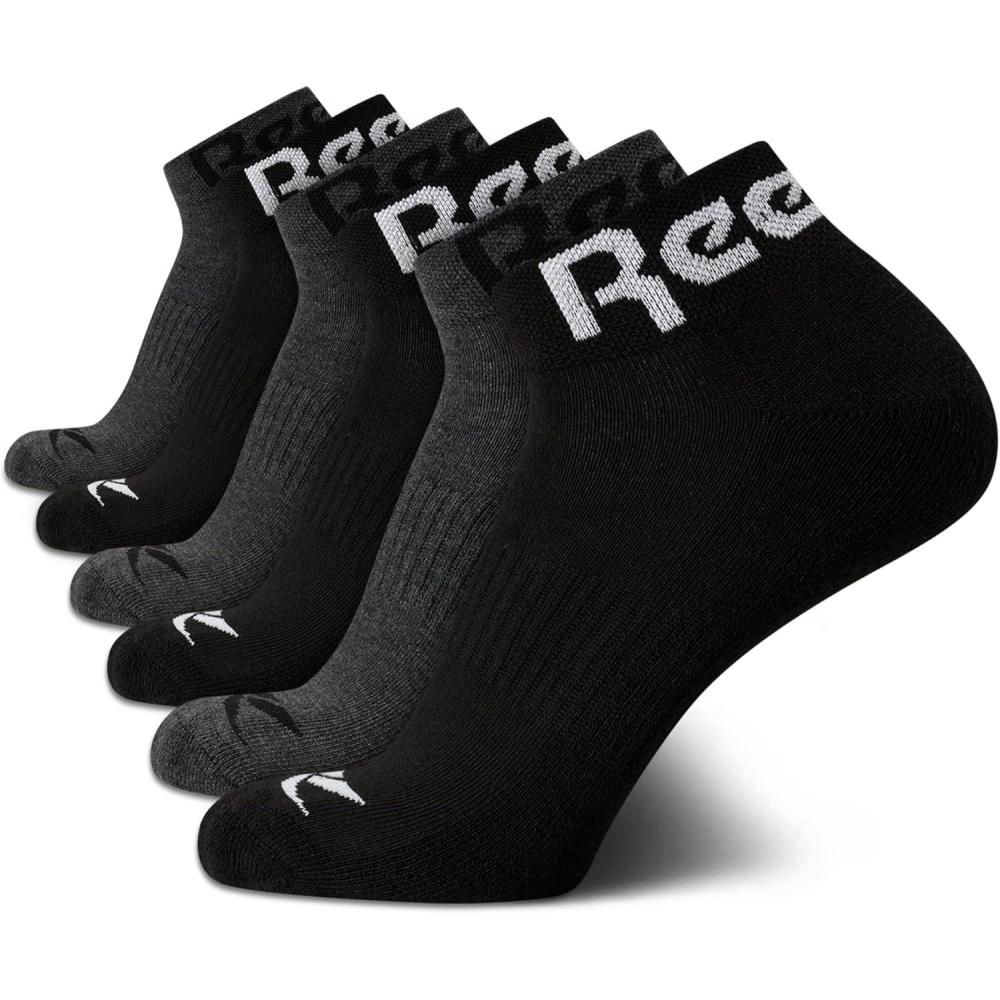 imageReebok Mens Quarter Socks  6 Pack Moisture Wicking Performance Stretch Athletic Ankle Socks for Men Sizes 6125BlackGrey Logo