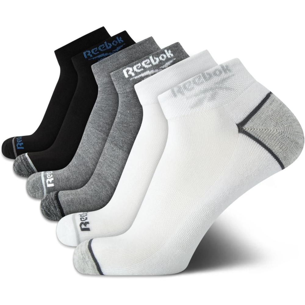 imageReebok Mens Quarter Socks  6 Pack Moisture Wicking Performance Stretch Athletic Ankle Socks for Men Sizes 6125BlackGreyWhite
