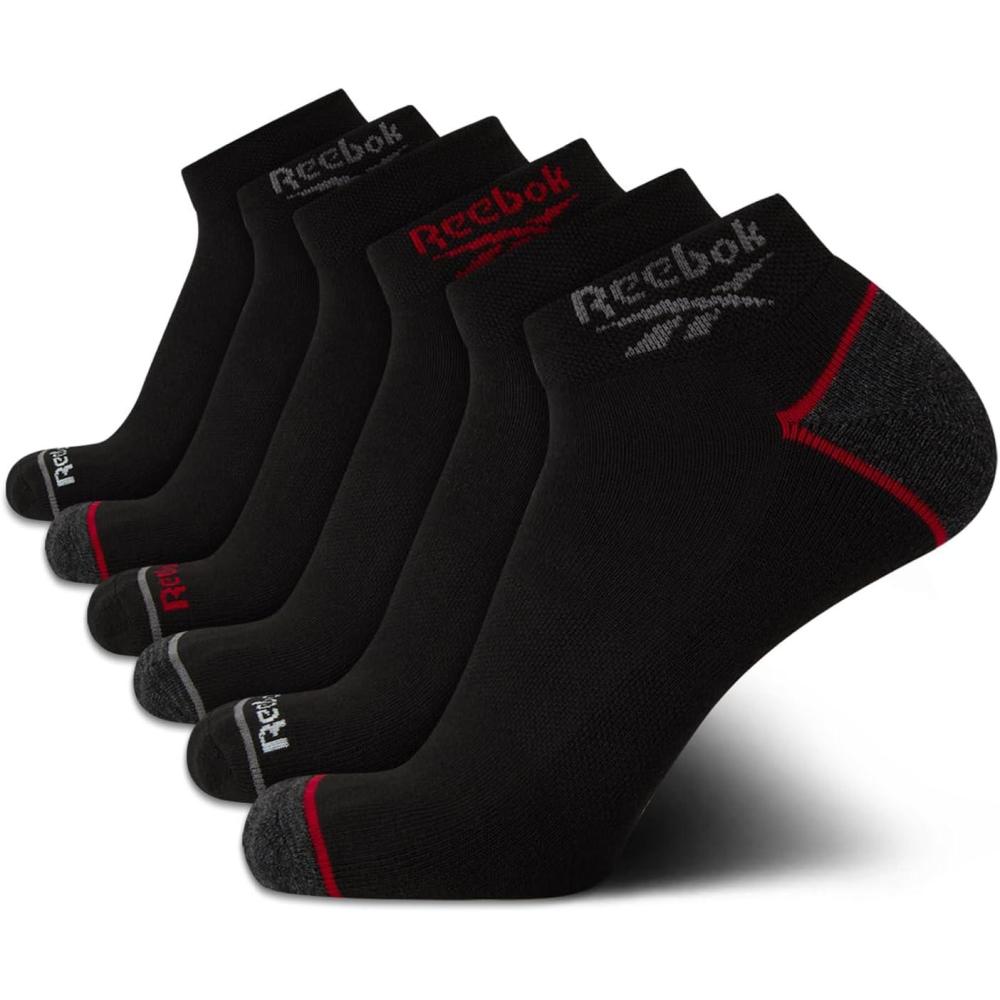 imageReebok Mens Quarter Socks  6 Pack Moisture Wicking Performance Stretch Athletic Ankle Socks for Men Sizes 6125BlackRed