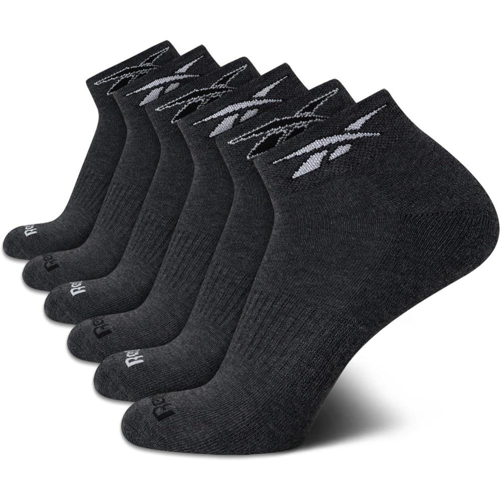 imageReebok Mens Quarter Socks  6 Pack Moisture Wicking Performance Stretch Athletic Ankle Socks for Men Sizes 6125Grey Logo