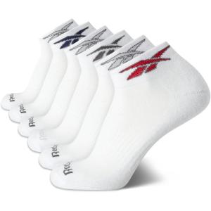 imageReebok Mens Quarter Socks  6 Pack Moisture Wicking Performance Stretch Athletic Ankle Socks for Men Sizes 6125White Logo