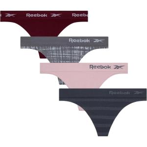 imageReebok Womens Thongs  4 Pack Performance Seamless Thongs for Women Sexy Panties  Breathable Underwear for Women SXLJacquardVioletFigBlack