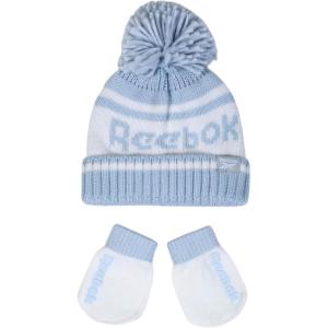 imageReebok 2Piece BabyToddler Winter Hat and Gripped Mittens Knitted Pom Beanie ampamp AntiSlip Gloves Cold Weather AccessoriesBlueIvory