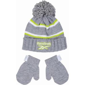 imageReebok 2Piece BabyToddler Winter Hat and Mittens Set Warm Knitted Pom Beanie ampamp Gloves Kids Cozy Cold Weather AccessoriesGrayLime