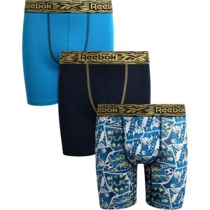 imageReebok Boys Boxer Briefs  3 Pack Performance Stretch Athletic Long Leg Underwear Boxers for Boys with Support Pouch 618Blue PrintMaritime BlueAzure Blue