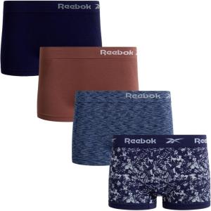 imageReebok Womens Boy Short Panties  4 Pack Stretch Performance Seamless Underwear for Women Tagless for Comfort Sizes SXLEvening BlueNutmegBlue SpacedyeNavy Blue Print