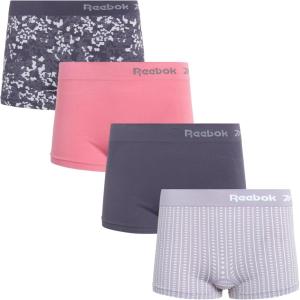 imageReebok Womens Boy Short Panties  4 Pack Stretch Performance Seamless Underwear for Women Tagless for Comfort Sizes SXLJacquardFoxgloveGrey StoneDapple Grey