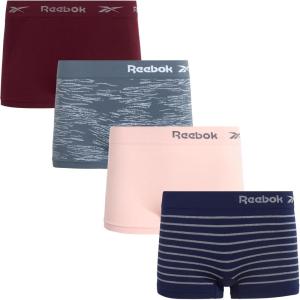 imageReebok Womens Boy Short Panties  4 Pack Stretch Performance Seamless Underwear for Women Tagless for Comfort Sizes SXLJacquardWineLotusEvening Blue