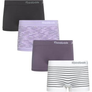 imageReebok Womens Boy Short Panties  4 Pack Stretch Performance Seamless Underwear for Women Tagless for Comfort Sizes SXLPurpleCadetWhite StripeBlackened Pearl