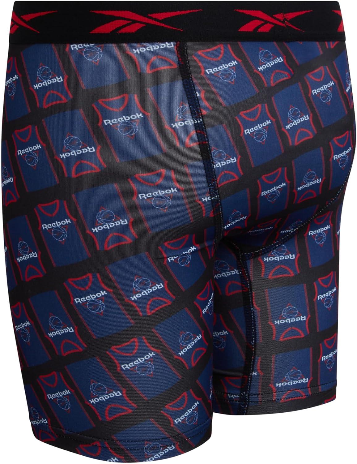 imageReebok Boys Boxer Briefs  6 Pack Performance 6 Inseam Long Leg Boxer Briefs Boys Underwear with Support Pouch 618Blue DepthsChinese RedBlack Print