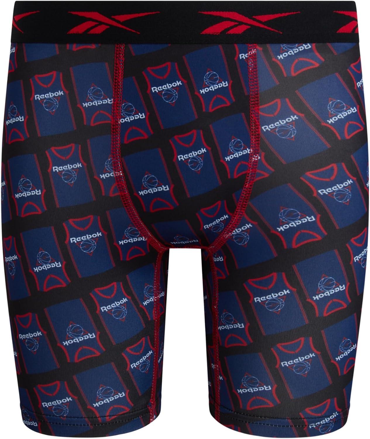 imageReebok Boys Boxer Briefs  6 Pack Performance 6 Inseam Long Leg Boxer Briefs Boys Underwear with Support Pouch 618Blue DepthsChinese RedBlack Print