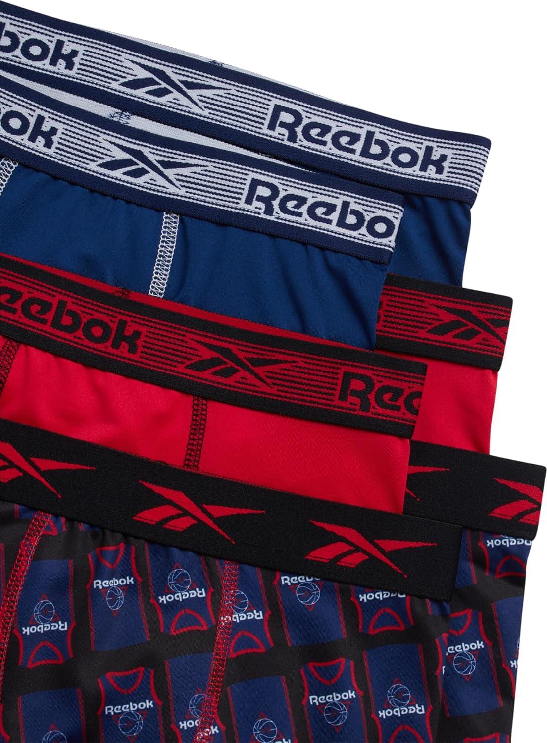 imageReebok Boys Boxer Briefs  6 Pack Performance 6 Inseam Long Leg Boxer Briefs Boys Underwear with Support Pouch 618Blue DepthsChinese RedBlack Print