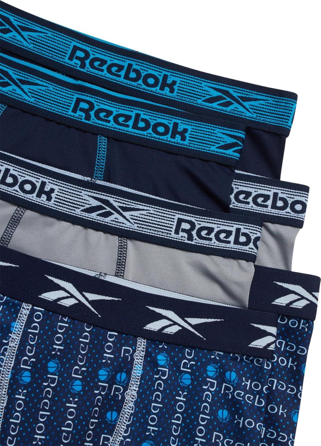 imageReebok Boys Boxer Briefs  6 Pack Performance 6 Inseam Long Leg Boxer Briefs Boys Underwear with Support Pouch 618Maritime BlueStone GreyAtomic Blue Print