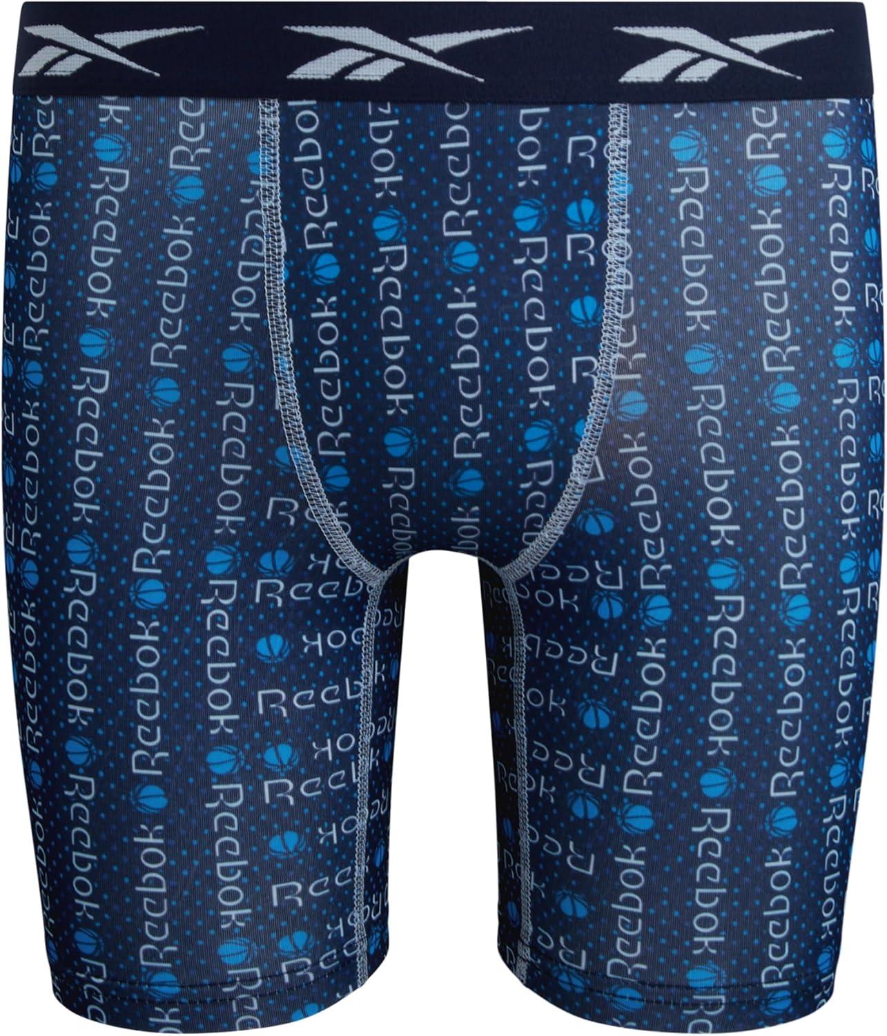 imageReebok Boys Boxer Briefs  6 Pack Performance 6 Inseam Long Leg Boxer Briefs Boys Underwear with Support Pouch 618Maritime BlueStone GreyAtomic Blue Print