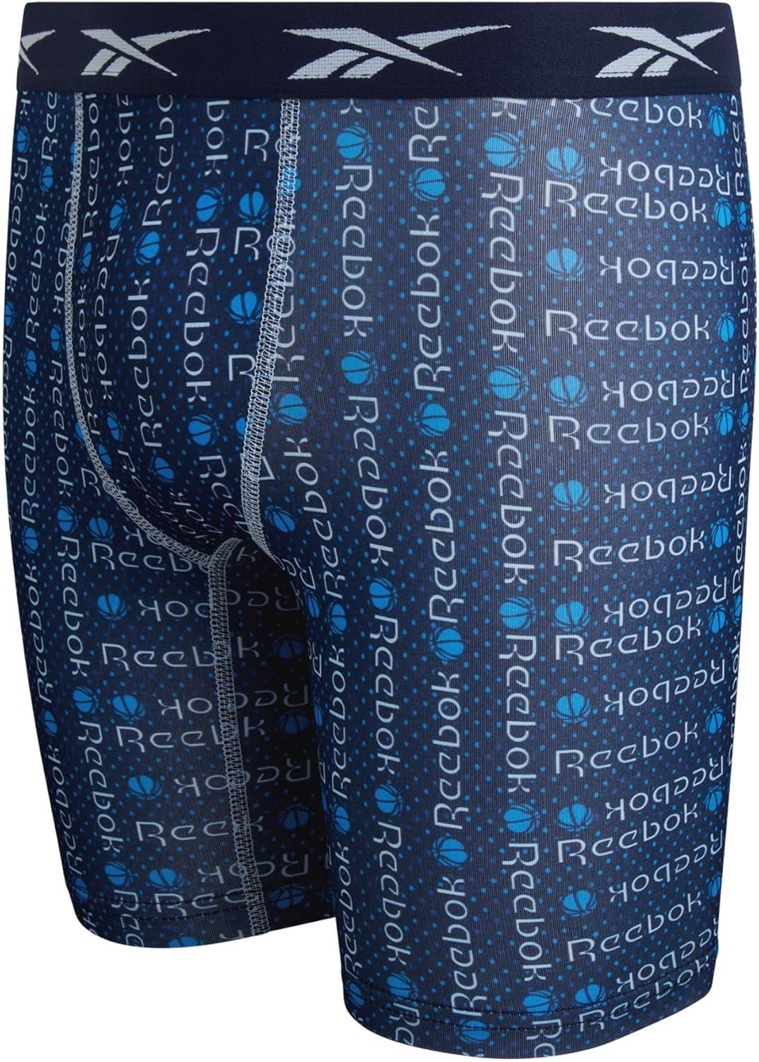 imageReebok Boys Boxer Briefs  6 Pack Performance 6 Inseam Long Leg Boxer Briefs Boys Underwear with Support Pouch 618Maritime BlueStone GreyAtomic Blue Print