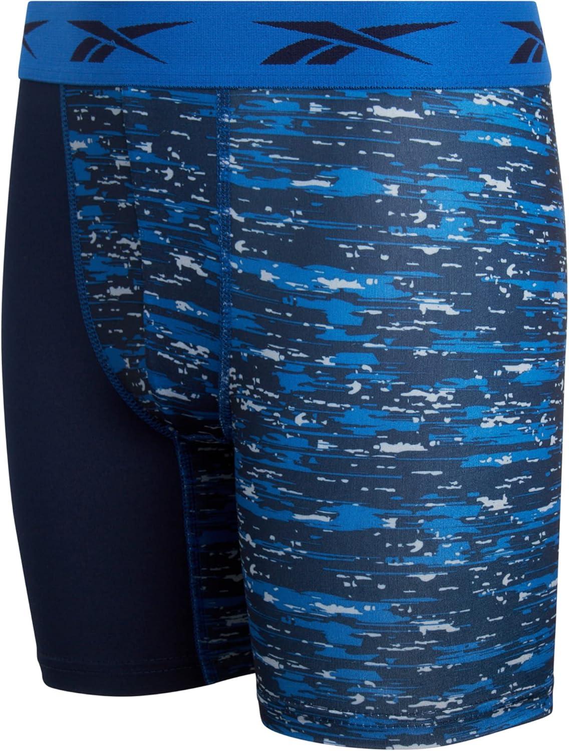 imageReebok Boys Boxer Briefs  6 Pack Performance Long Leg Boxer Briefs Boys Underwear with Support Pouch 6 Inseam 618Blue PrintGreyNavy