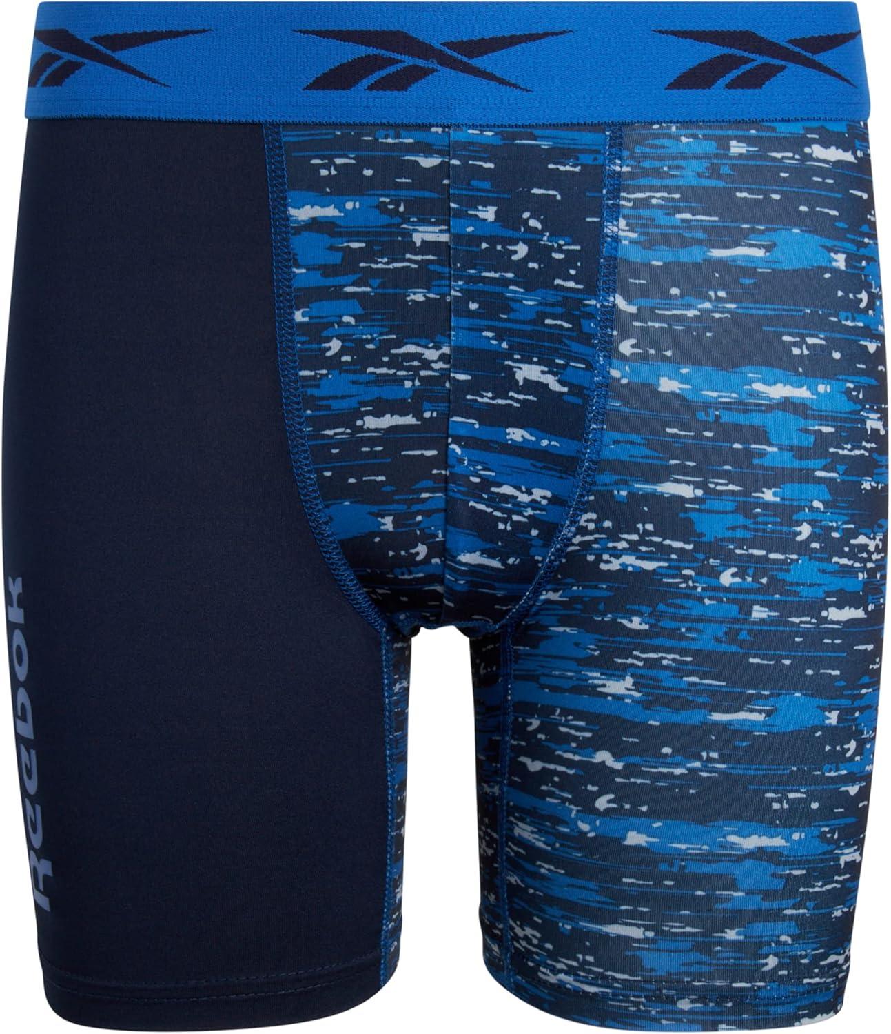 imageReebok Boys Boxer Briefs  6 Pack Performance Long Leg Boxer Briefs Boys Underwear with Support Pouch 6 Inseam 618Blue PrintGreyNavy