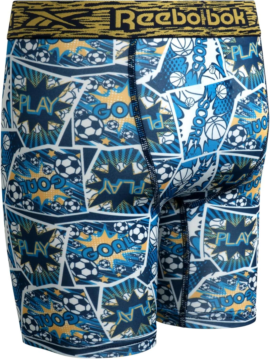 imageReebok Boys Boxer Briefs  6 Pack Performance Long Leg Boxer Briefs Boys Underwear with Support Pouch 6 Inseam 618Blue PrintMaritime BlueAzure Blue