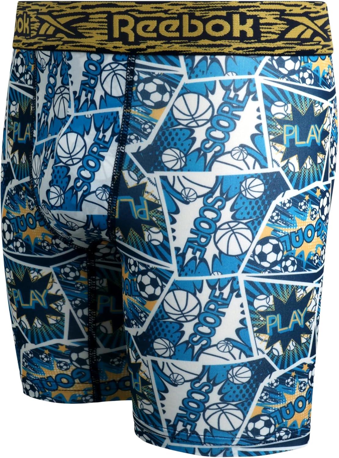 imageReebok Boys Boxer Briefs  6 Pack Performance Long Leg Boxer Briefs Boys Underwear with Support Pouch 6 Inseam 618Blue PrintMaritime BlueAzure Blue