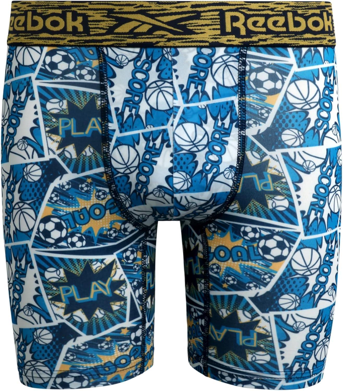 imageReebok Boys Boxer Briefs  6 Pack Performance Long Leg Boxer Briefs Boys Underwear with Support Pouch 6 Inseam 618Blue PrintMaritime BlueAzure Blue