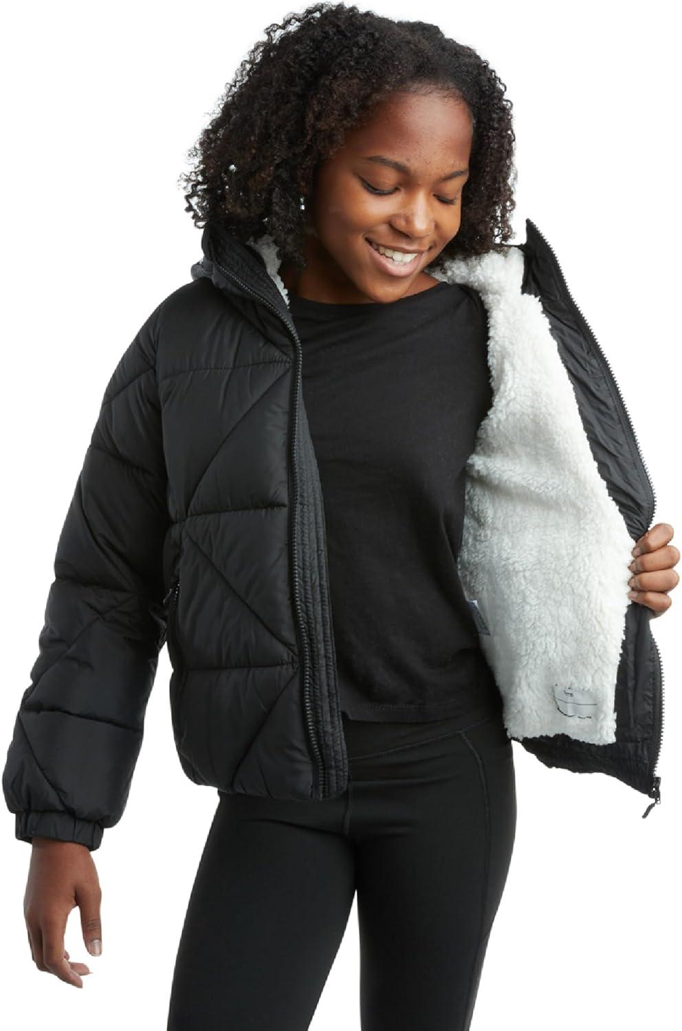 imageReebok Girls Winter Coat  Heavyweight Quilted Sherpa Fur Lined Cropped Parka Puffer Jacket  Warm Winter Coats for GirlsBlack