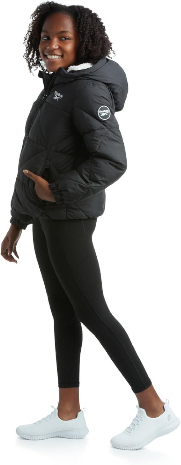 imageReebok Girls Winter Coat  Heavyweight Quilted Sherpa Fur Lined Cropped Parka Puffer Jacket  Warm Winter Coats for GirlsBlack