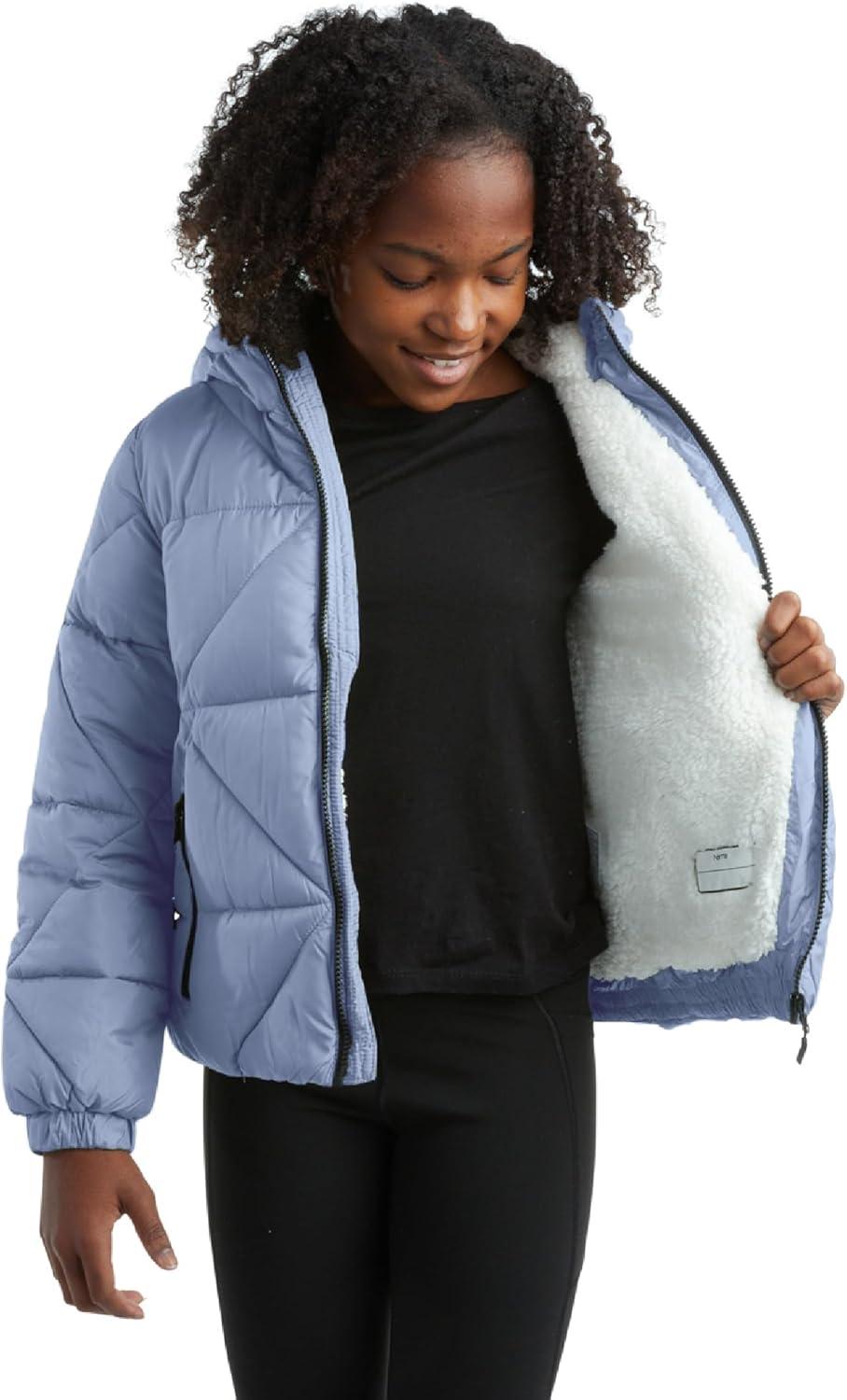 imageReebok Girls Winter Coat  Heavyweight Quilted Sherpa Fur Lined Cropped Parka Puffer Jacket  Warm Winter Coats for GirlsHaze Blue