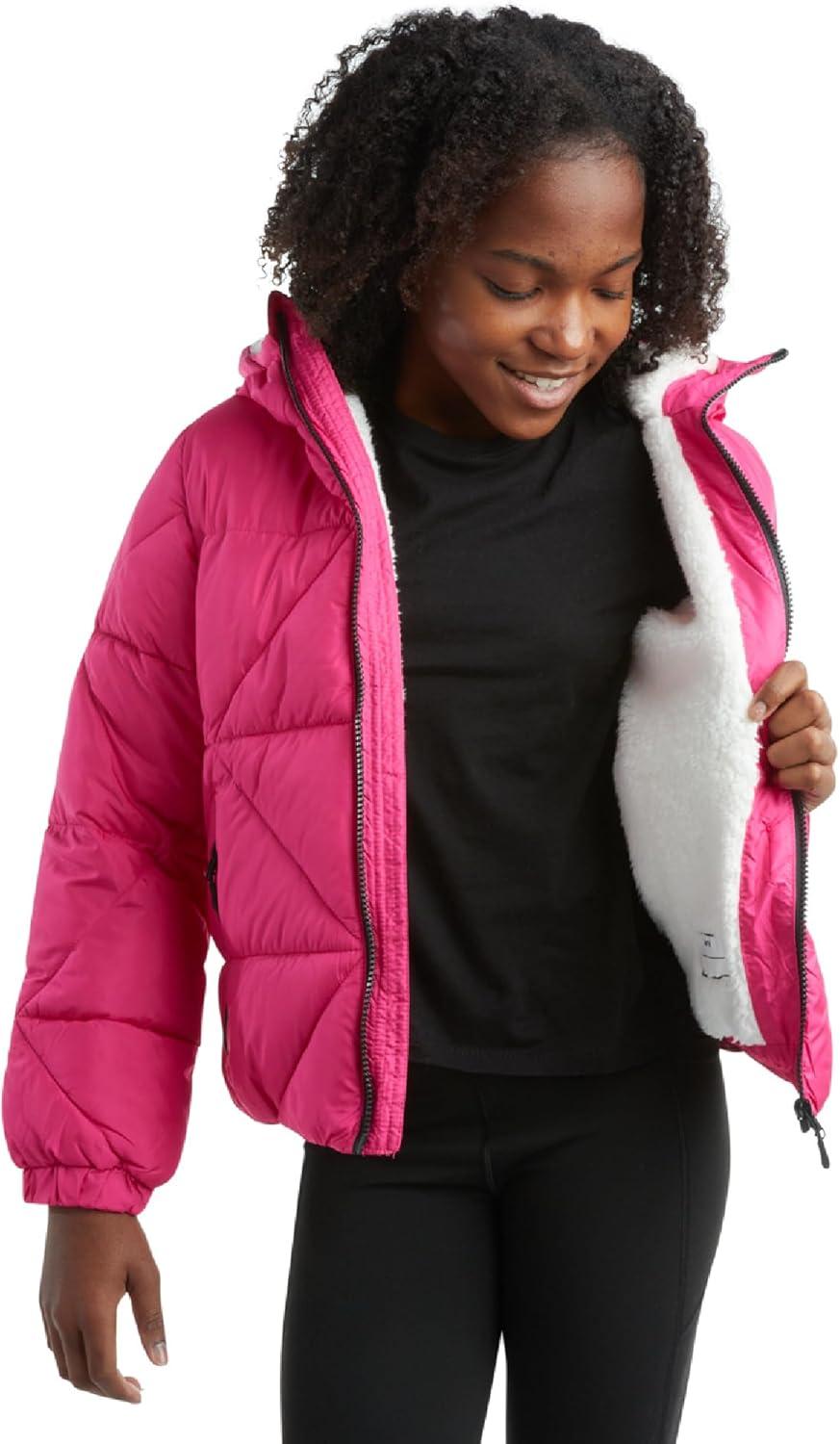imageReebok Girls Winter Coat  Heavyweight Quilted Sherpa Fur Lined Cropped Parka Puffer Jacket  Warm Winter Coats for GirlsProud Pink