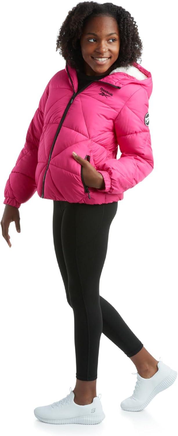 imageReebok Girls Winter Coat  Heavyweight Quilted Sherpa Fur Lined Cropped Parka Puffer Jacket  Warm Winter Coats for GirlsProud Pink