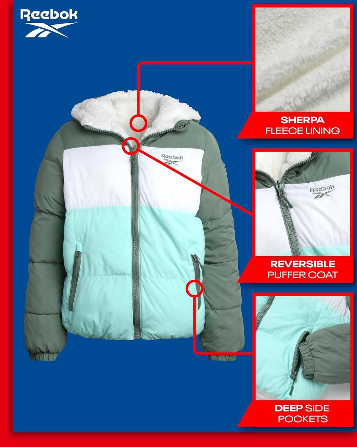 imageReebok Girls Winter Jacket  Reversible Quilted Puffer Coat with Sherpa Fleece Lining  Reversible Jacket for Girls 416