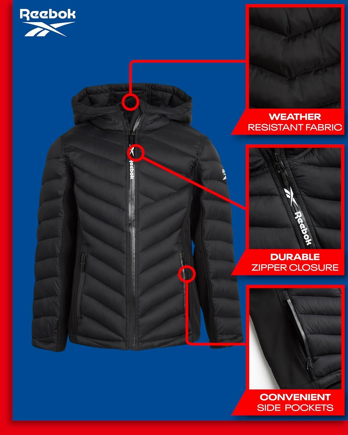 imageReebok Girls Winter Jacket  Weather Resistant Hooded Quilted Puffer Parka Girls Jacket  Lightweight Warm Winter CoatBlack
